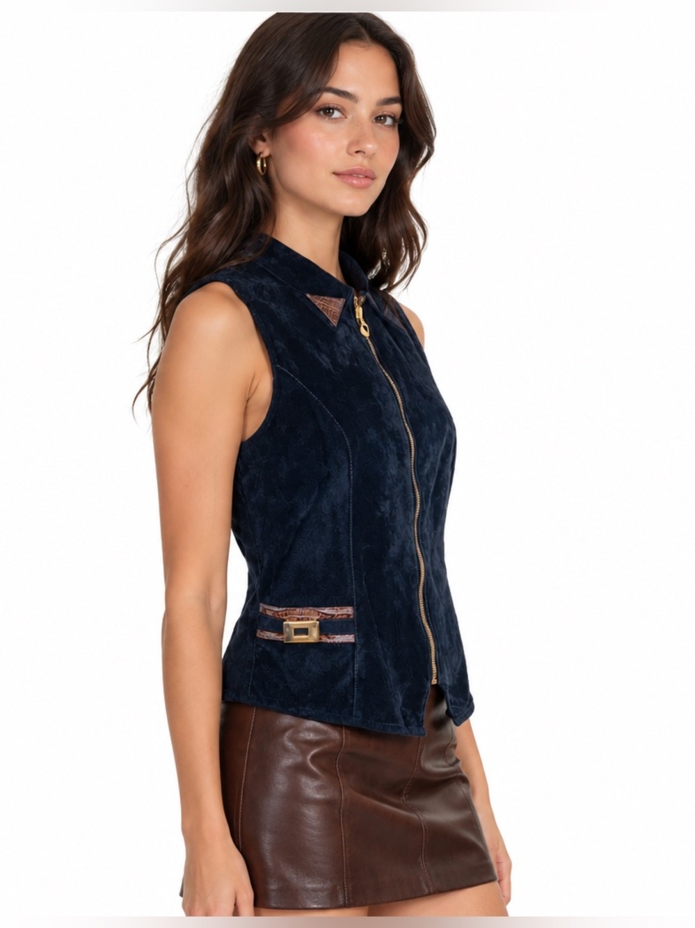 St. Maarten Dallas Suede Biker Vest Croc Leather Trim Vintage Full Zip M USA